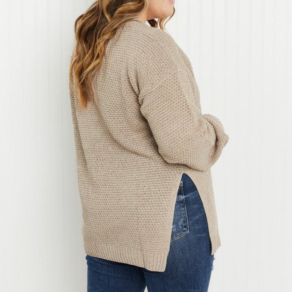 GeeGee Full Size Waffle Knit Henley Sweater - Picture 2 of 8